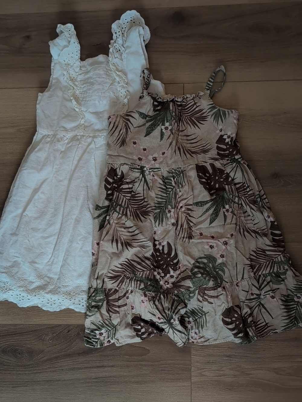 Gymboree White Eyelet Dress & Tropical Leaf Print Linen Sundress Bundle